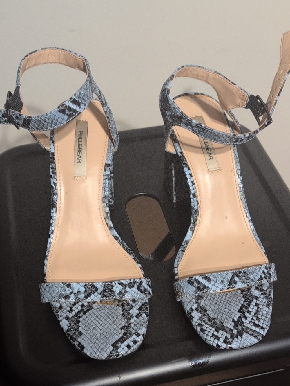 Pull&Bear Light Blue Snake-Print Ankle Strap Heels